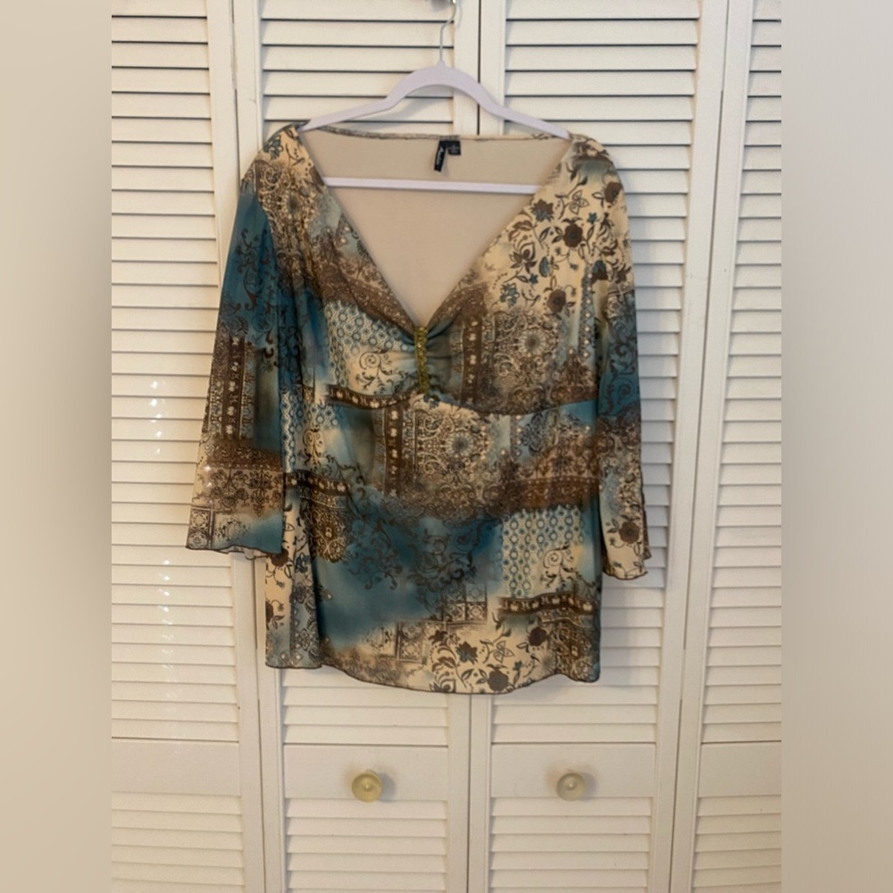 VTG Y2K Assoluto Womens Floral Paisley Mesh Babydoll Witchy Top Plus Size 1X